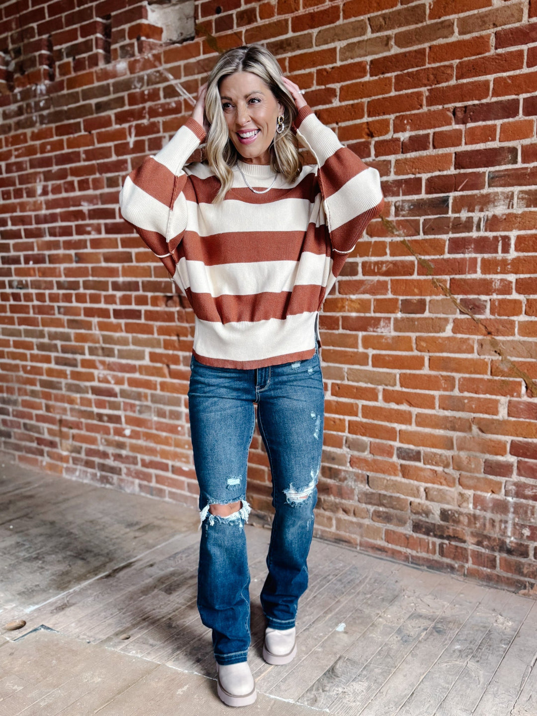 Maple Stripe Oversized Sweater, Brown & Cream