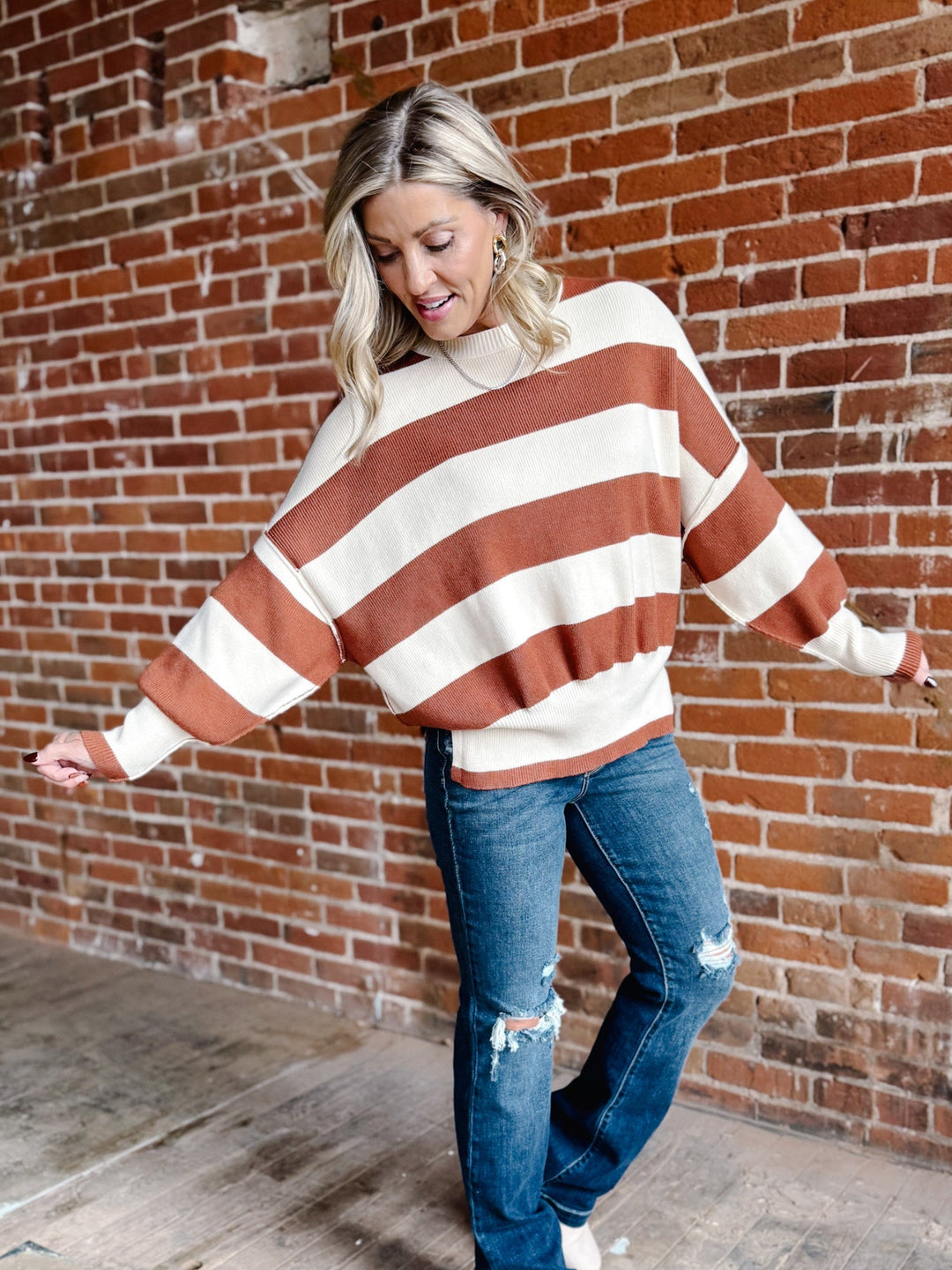 Maple Stripe Oversized Sweater, Brown & Cream