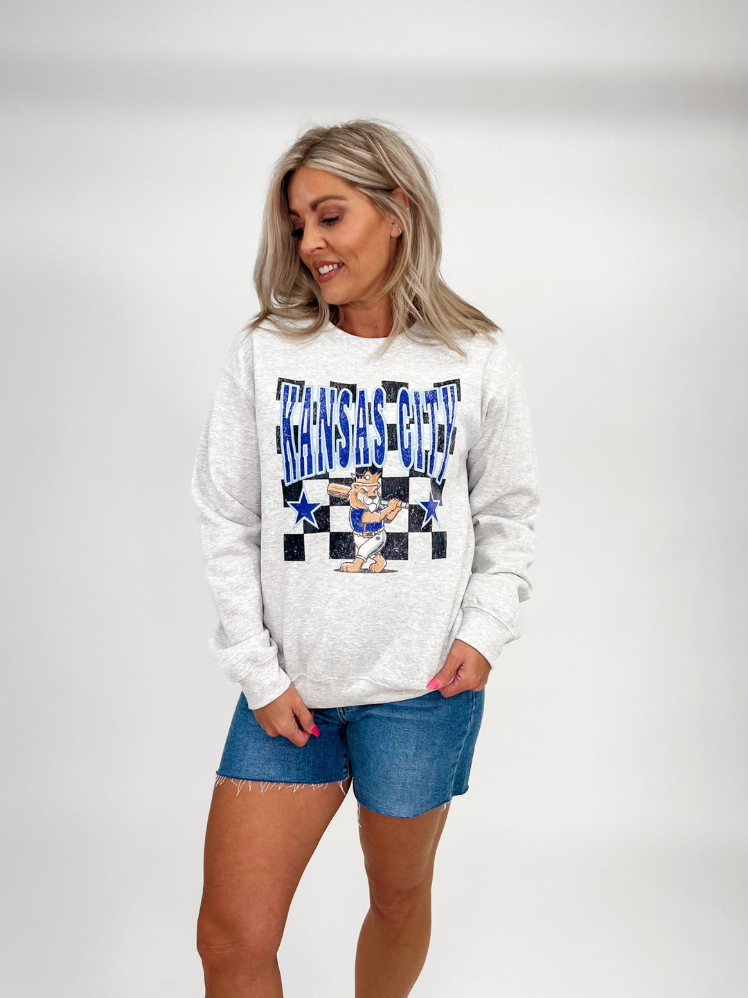 Kansas City Checkered Mascot Sweatshirt, Ash Grey