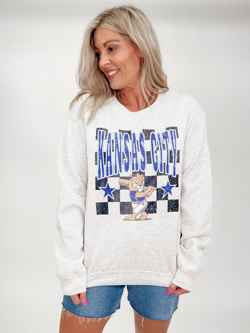 Kansas City Checkered Mascot Sweatshirt, Ash Grey