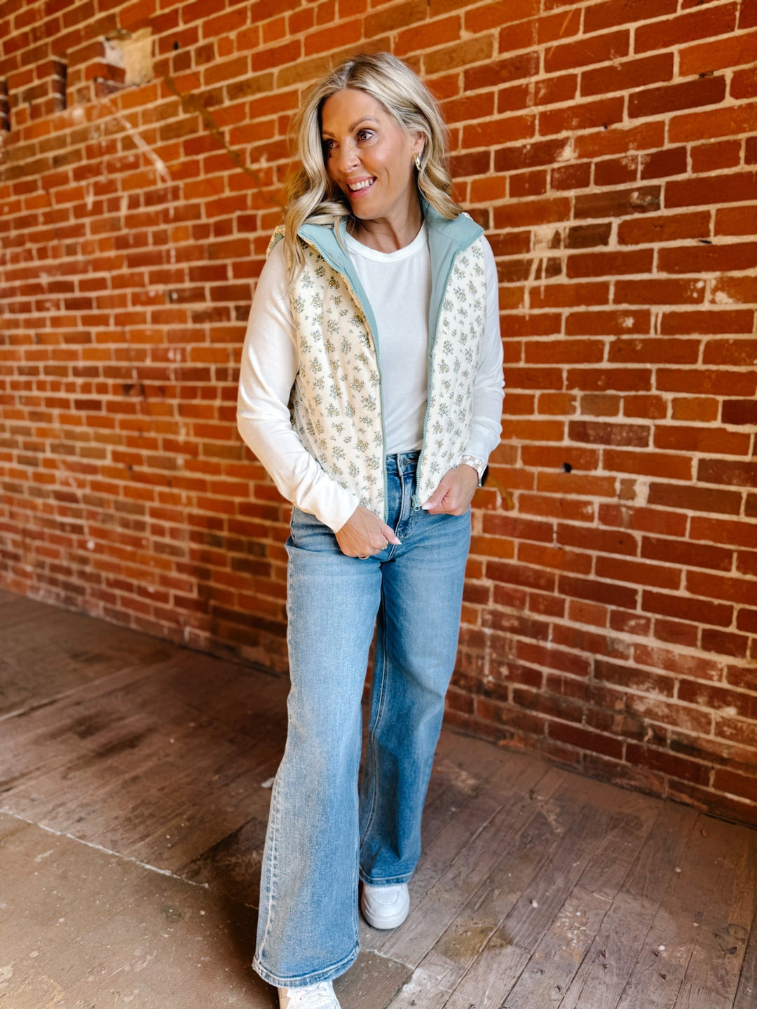 Meadow Mornings Floral Puffer Vest, Cream