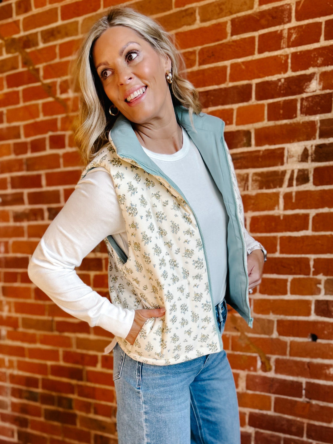 Meadow Mornings Floral Puffer Vest, Cream