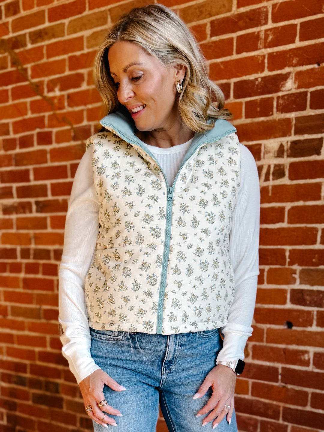 Meadow Mornings Floral Puffer Vest, Cream