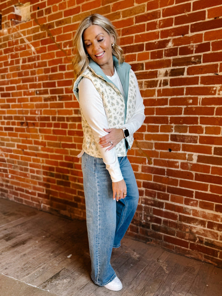 Meadow Mornings Floral Puffer Vest, Cream