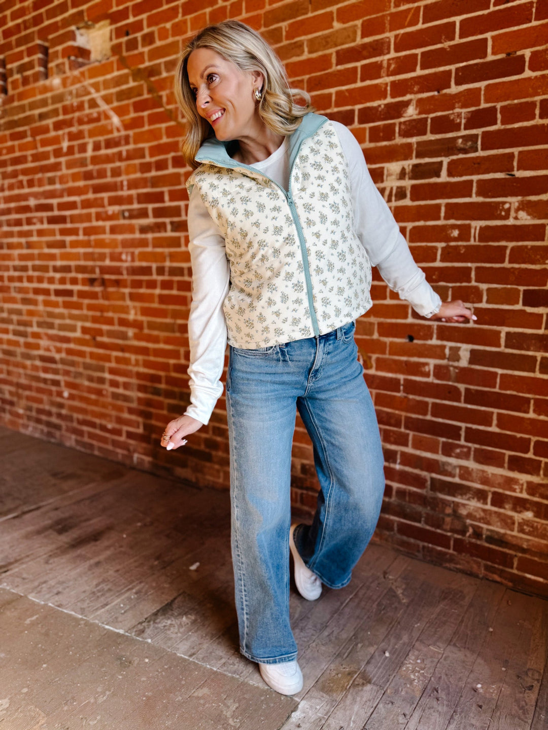 Meadow Mornings Floral Puffer Vest, Cream