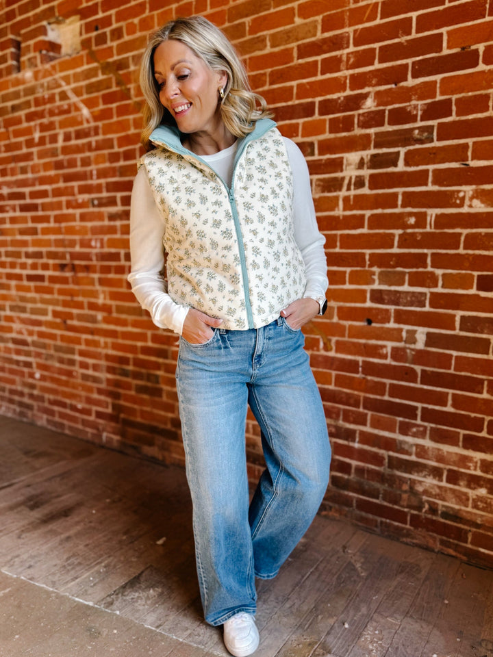 Meadow Mornings Floral Puffer Vest, Cream