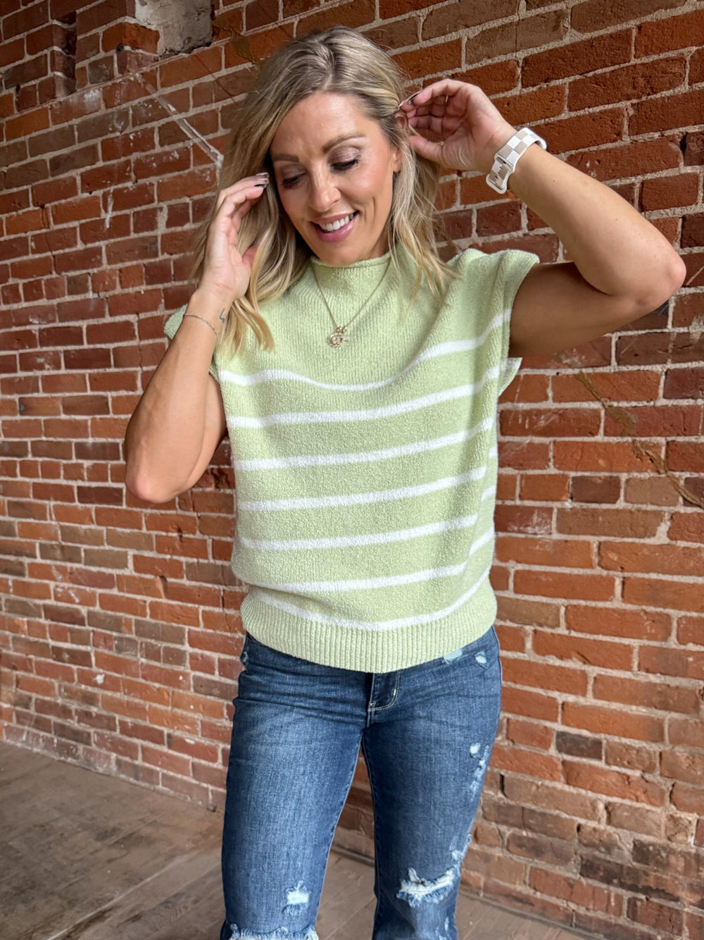 Meadowline Mock Neck Stripe Sweater, Light Sage