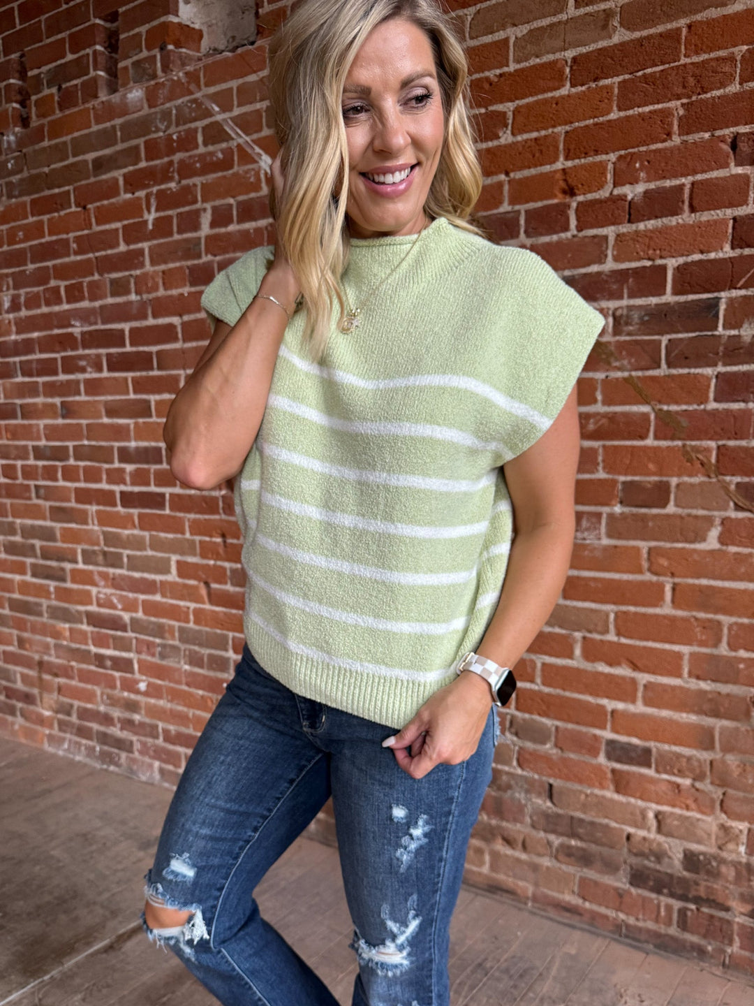 Meadowline Mock Neck Stripe Sweater, Light Sage