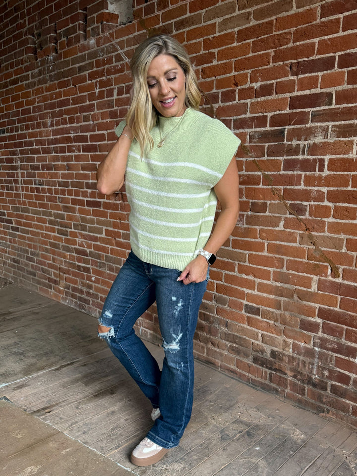 Meadowline Mock Neck Stripe Sweater, Light Sage