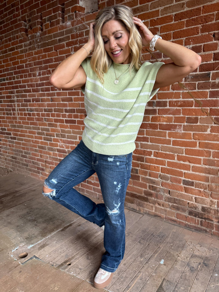 Meadowline Mock Neck Stripe Sweater, Light Sage