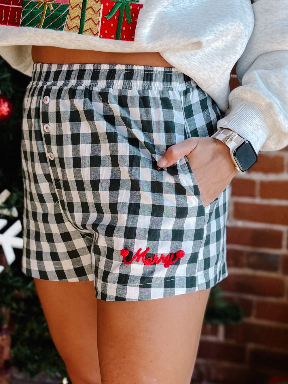 Merry Checked Gingham Shorts, Hunter Green