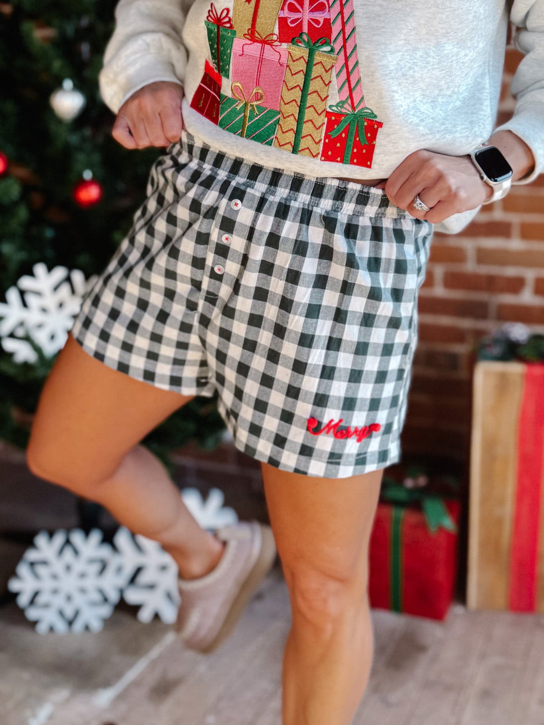 Merry Checked Gingham Shorts, Hunter Green