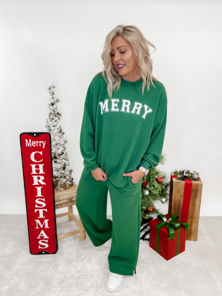 Merry Stencil Cloudy Knit Sweatshirt, Green