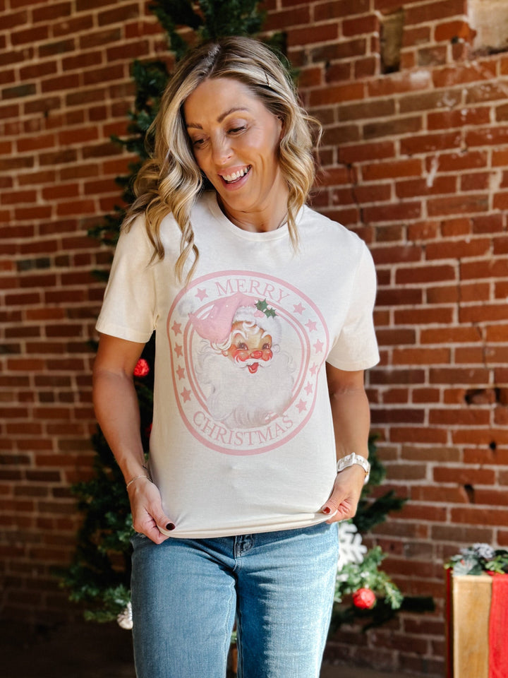 Merry Christmas Santa Circle Graphic Tee, Natural