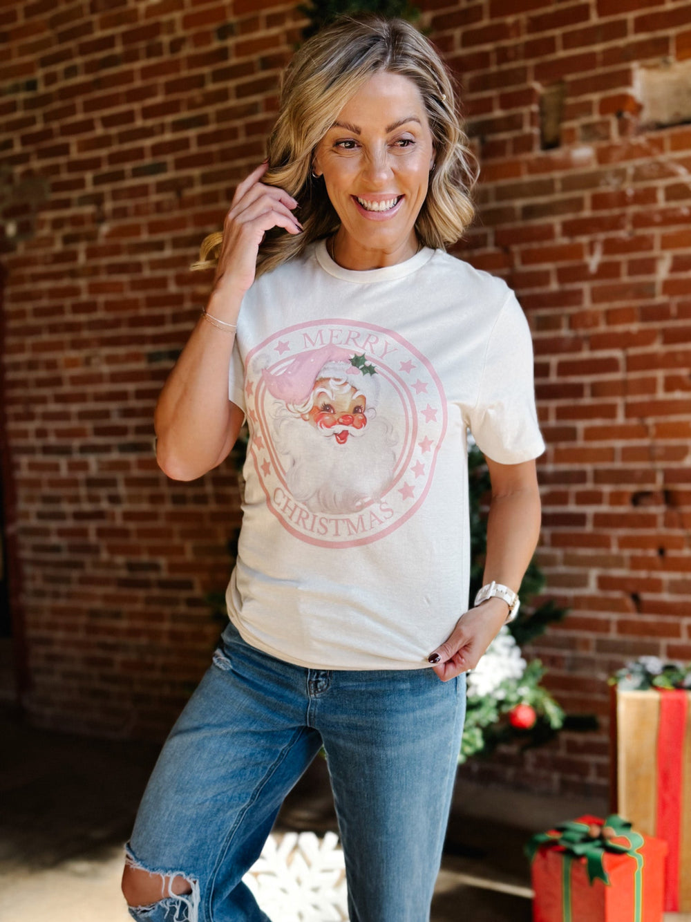 Merry Christmas Santa Circle Graphic Tee, Natural
