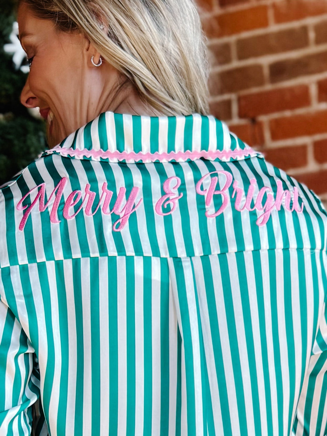Merry and Bright Embroidered Stripe Pajama Set, Green