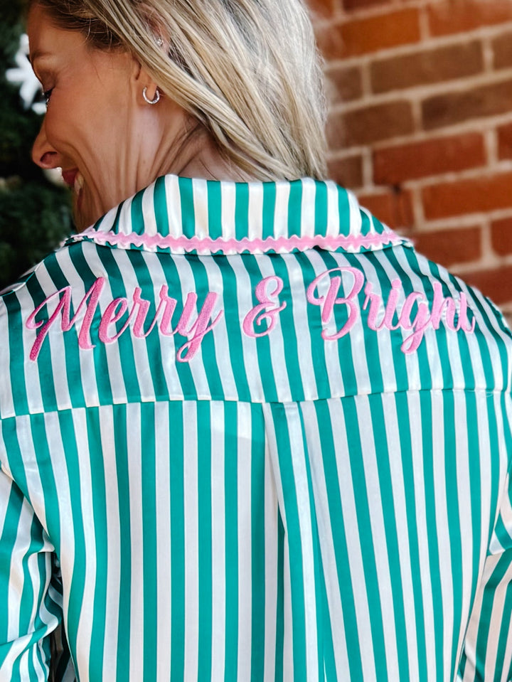 Merry and Bright Embroidered Stripe Pajama Set, Green