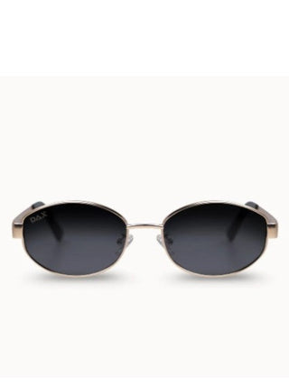Dior oval sunglasses with dark gray lenses and a gold metal frame, shown against a plain white background.