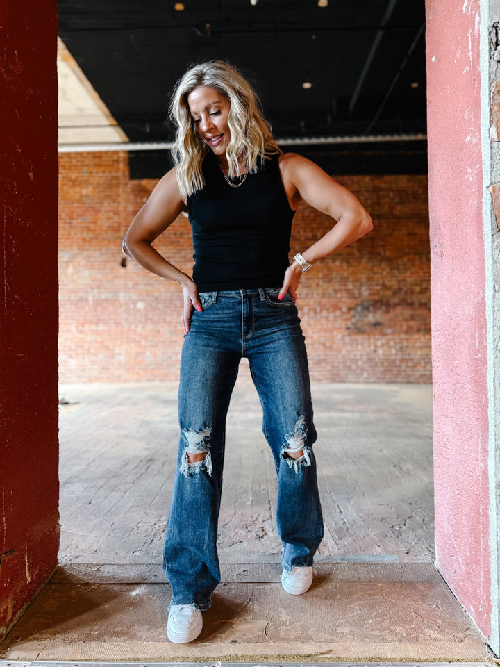 Micah High Rise 90's Destroyed Straight Leg Jeans, Dark Wash