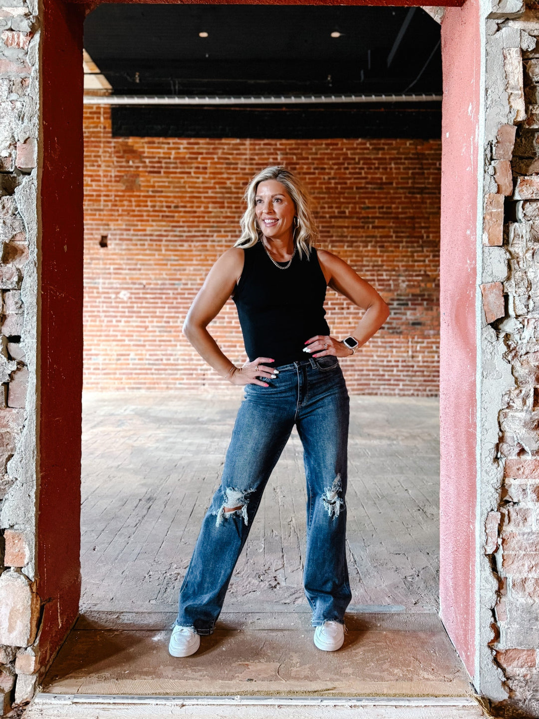 Micah High Rise 90's Destroyed Straight Leg Jeans, Dark Wash