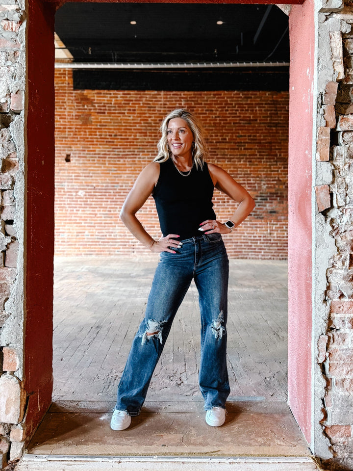 Micah High Rise 90's Destroyed Straight Leg Jeans, Dark Wash