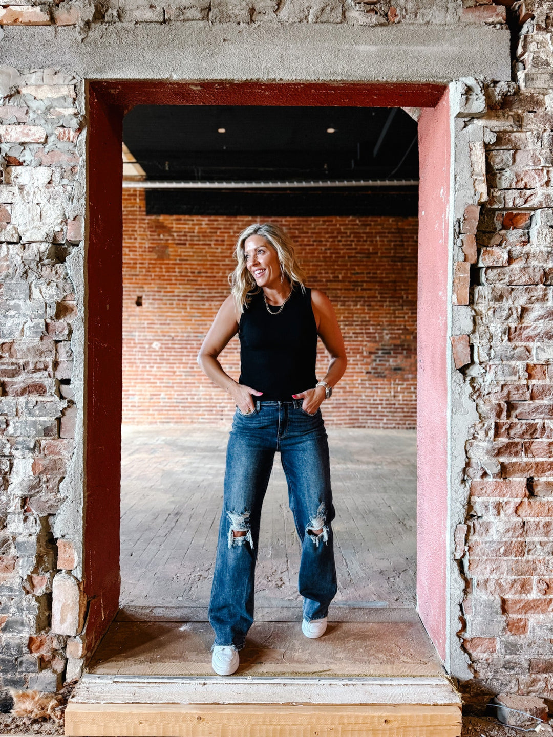 Micah High Rise 90's Destroyed Straight Leg Jeans, Dark Wash