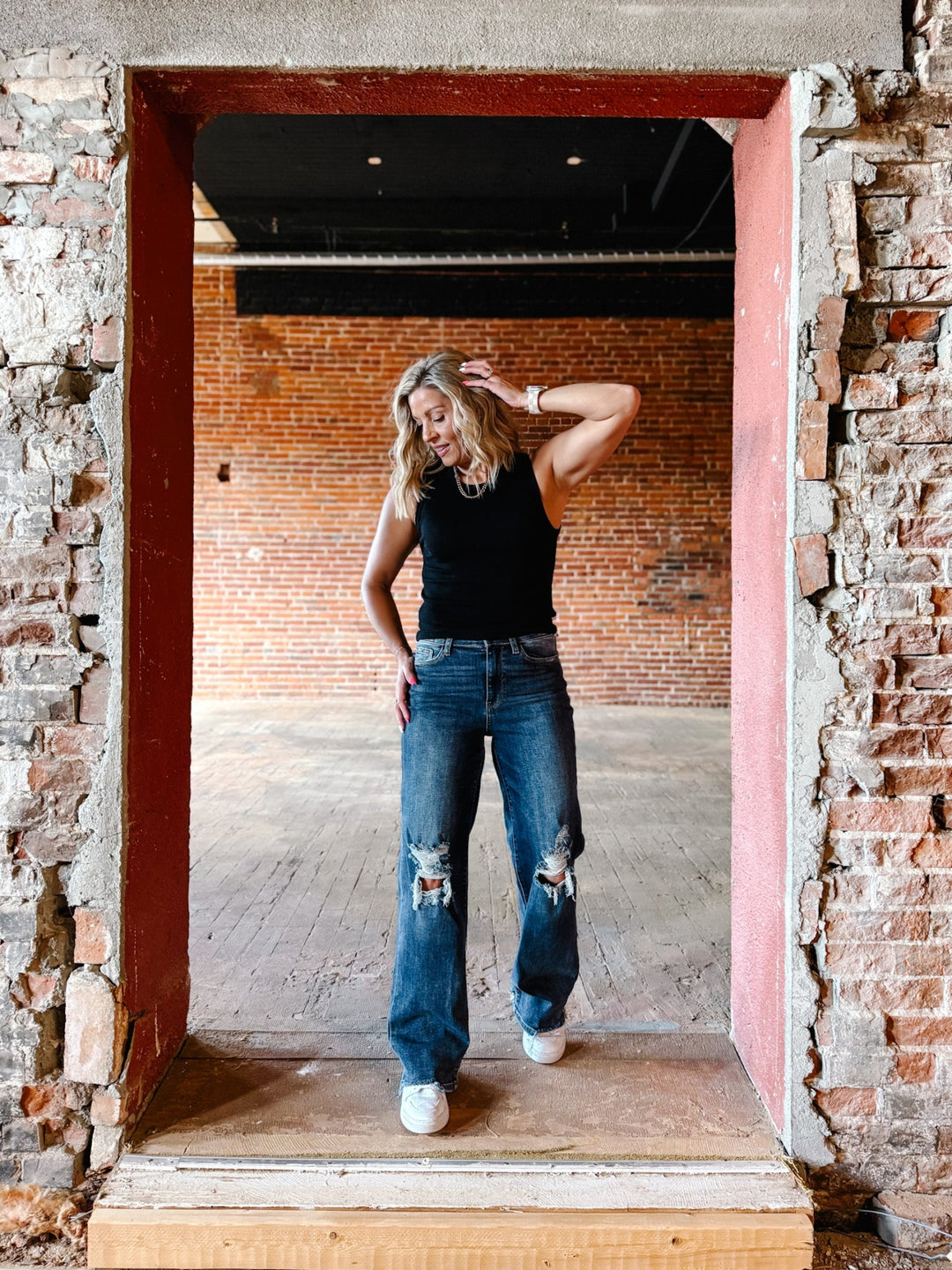 Micah High Rise 90's Destroyed Straight Leg Jeans, Dark Wash