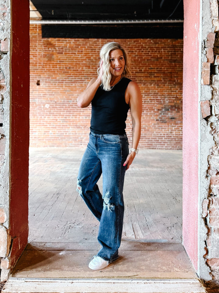 Micah High Rise 90's Destroyed Straight Leg Jeans, Dark Wash