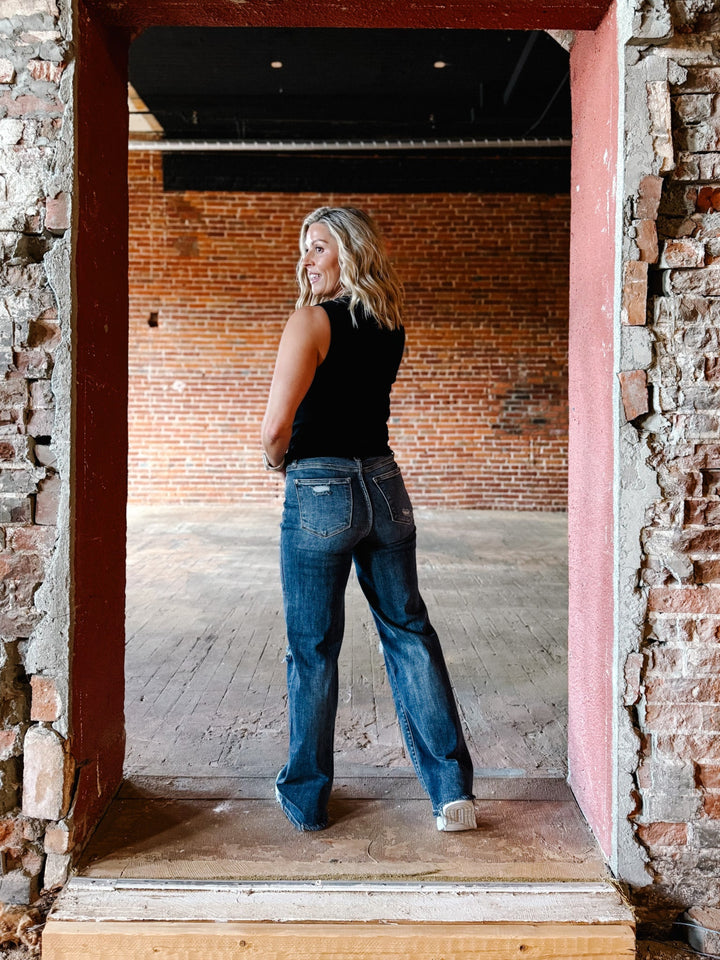 Micah High Rise 90's Destroyed Straight Leg Jeans, Dark Wash