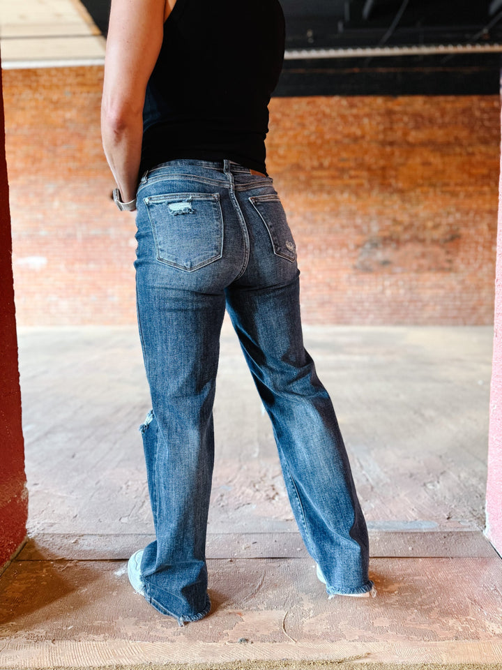 Micah High Rise 90's Destroyed Straight Leg Jeans, Dark Wash