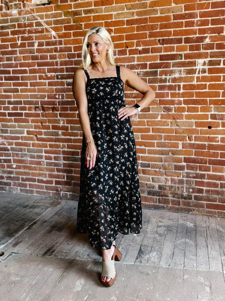 Midnight Bloom Floral Lace Trim Midi Dress