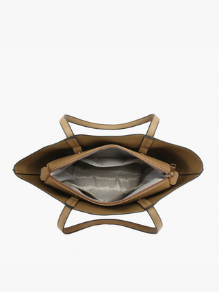 A top-down view of a tan leather tote bag with an open zipper pocket, showing a gray interior lining and double shoulder straps, set against a plain white background.