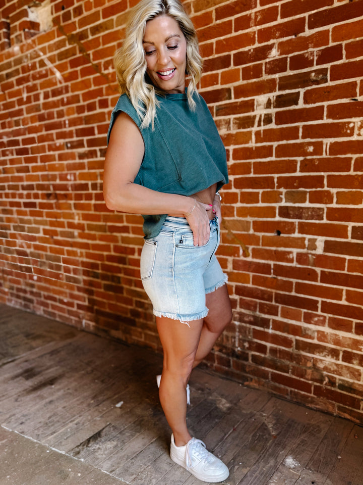 Misty High Rise Cut Off Dad Shorts, Light Wash