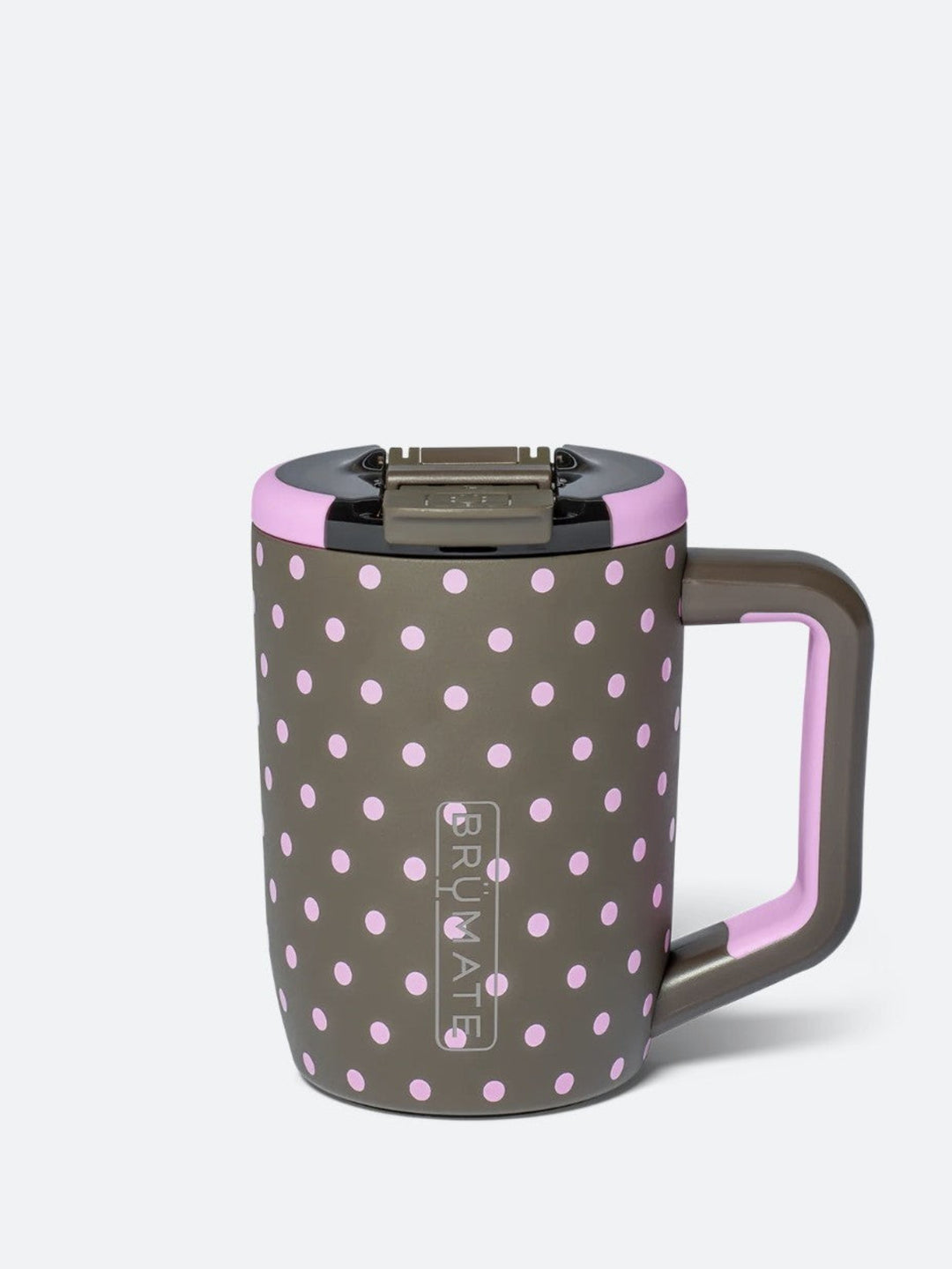 A gray insulated travel mug with pink polka dots, a pink handle, and a matching pink lid, shown on a light gray background.