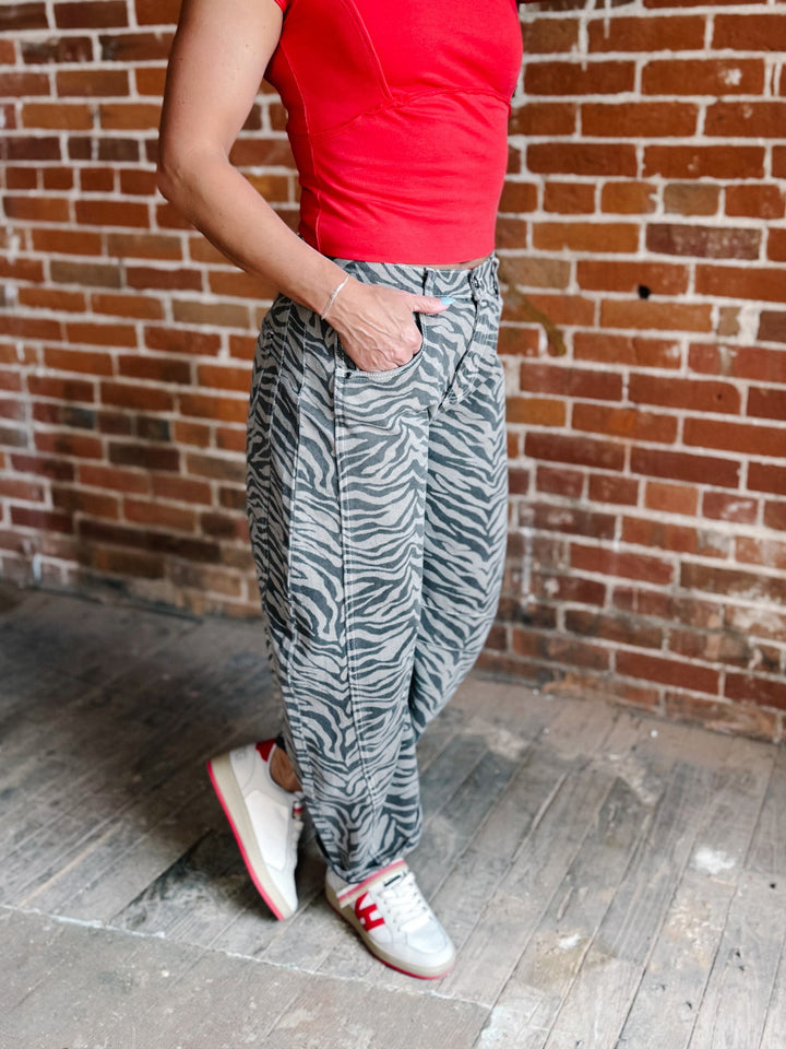 Neutral Edge Zebra Print Barrel Jeans, Mocha