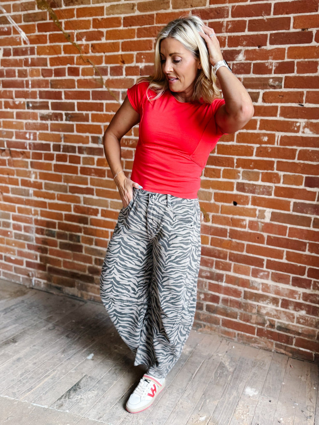 Neutral Edge Zebra Print Barrel Jeans, Mocha