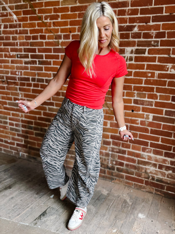 Neutral Edge Zebra Print Barrel Jeans, Mocha
