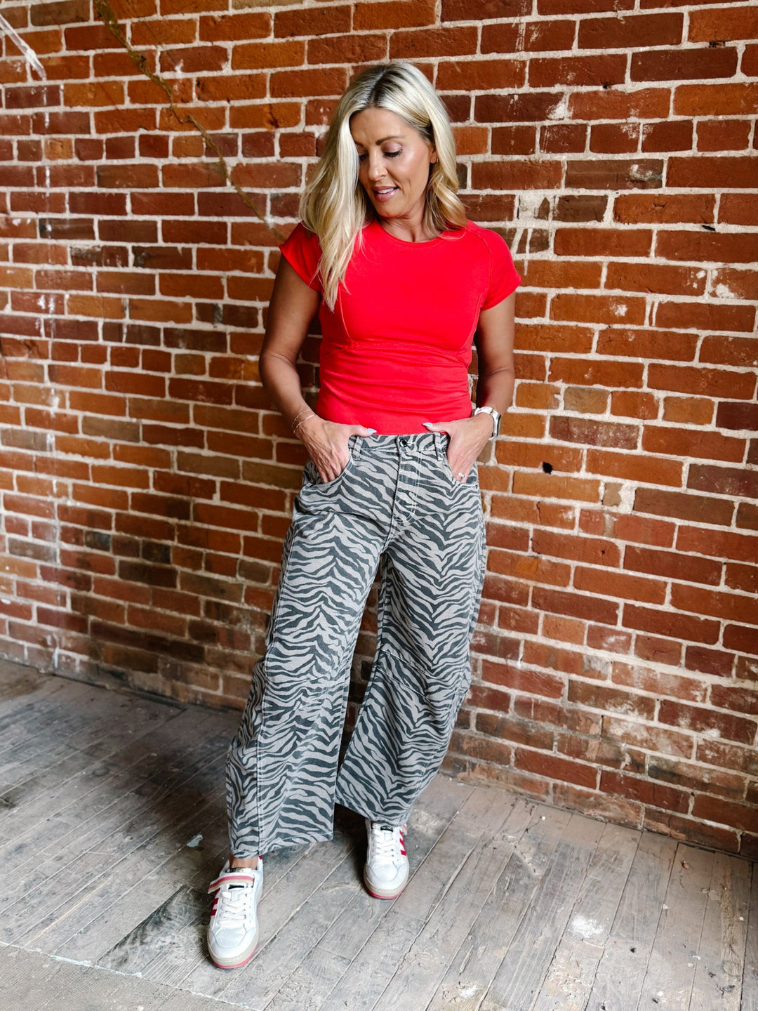 Neutral Edge Zebra Print Barrel Jeans, Mocha