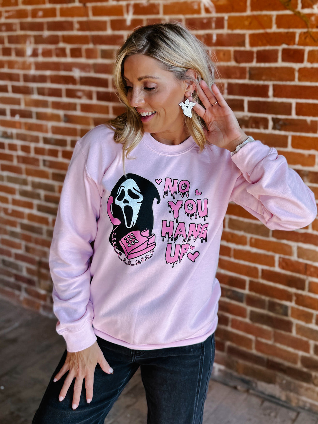 No You Hang Up Graphic Sweatshirt, Light Pink