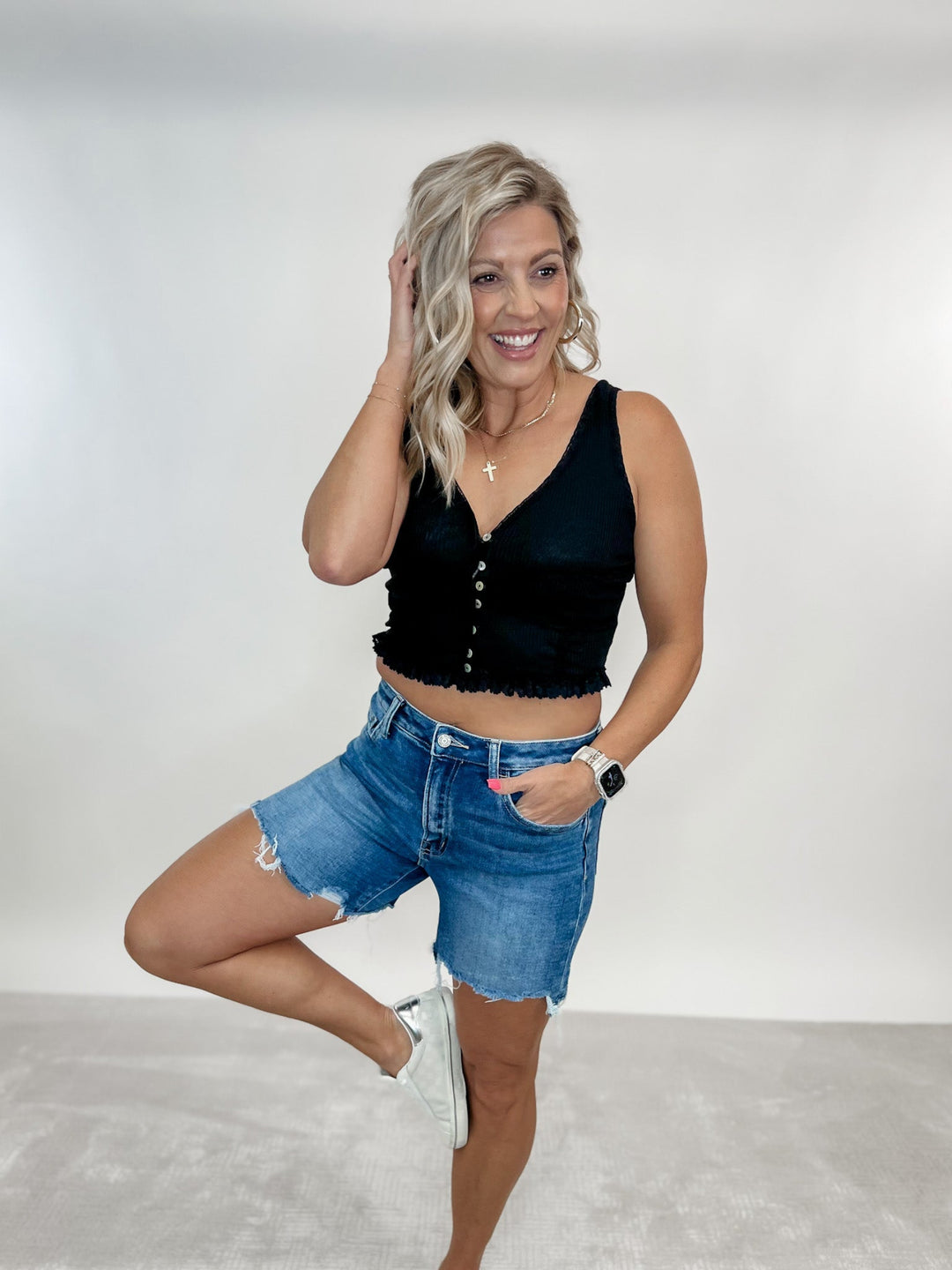 Off Duty High Rise Boyfriend Fit Shorts, Medium Wash