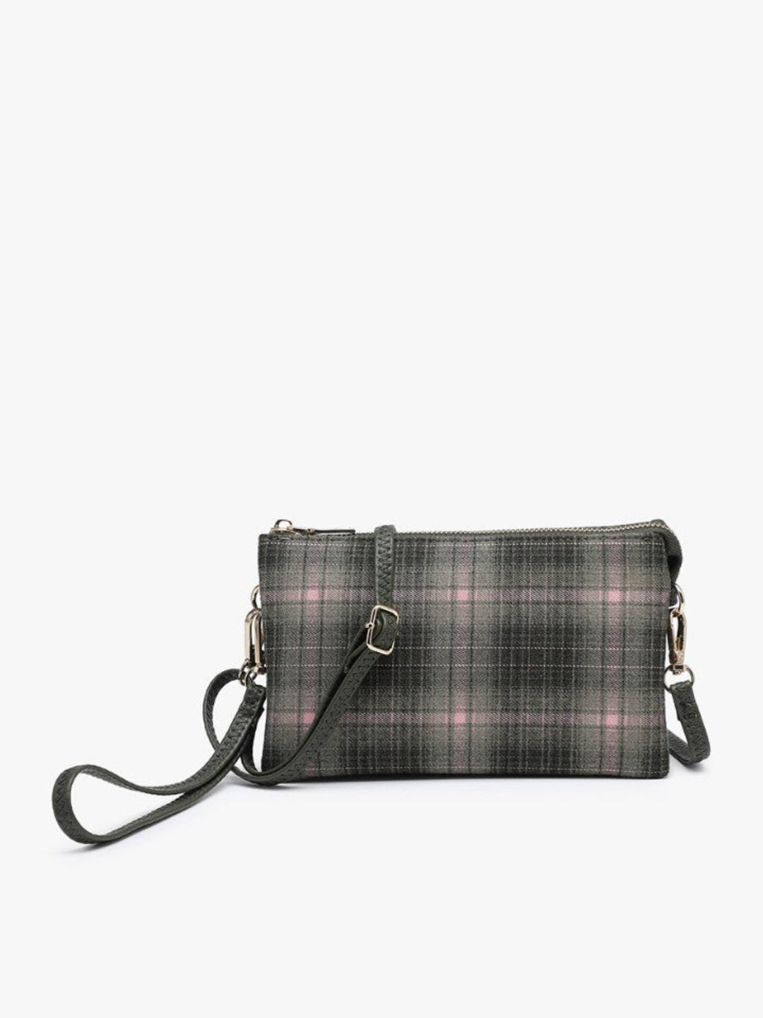 A small rectangular shoulder bag with a dark gray and black plaid pattern accented by thin pink stripes, featuring a matching dark strap and silver-tone hardware, shown against a plain white background.