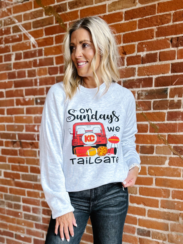 On Sundays We Tailgate Graphic Sweatshirt, Ash Grey