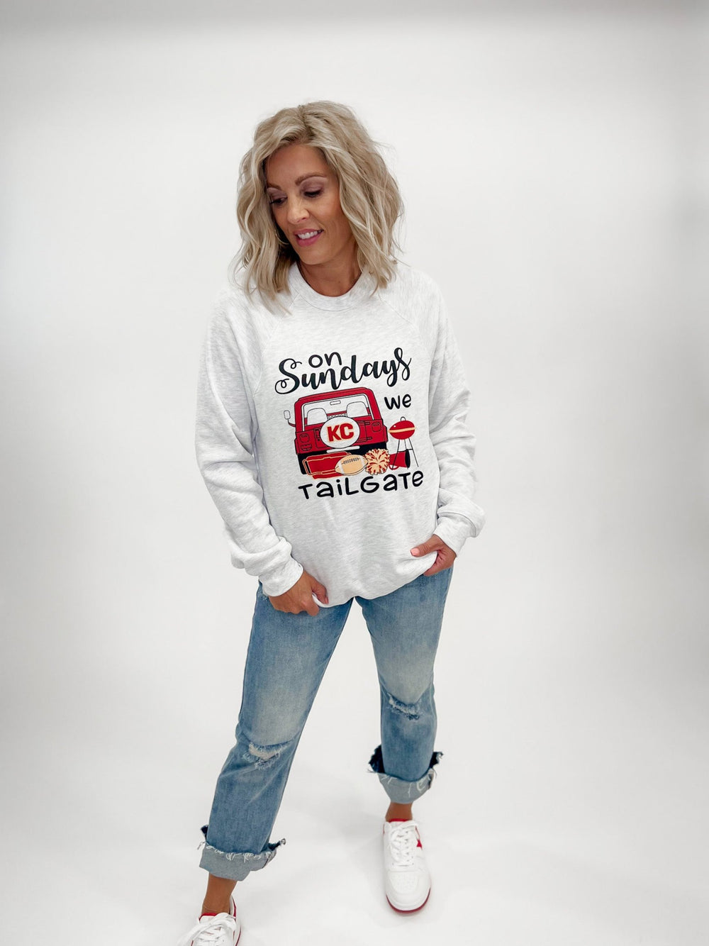 On Sundays We Tailgate Graphic Sweatshirt, Ash Grey