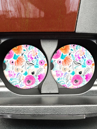 Sandstone Car Coaster Singles-Orange Pink Teal Floral
