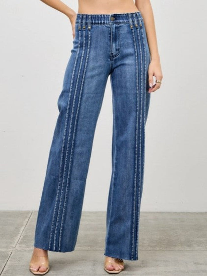 Pleated Ease High Rise Wide Leg Jeans, Medium Wash