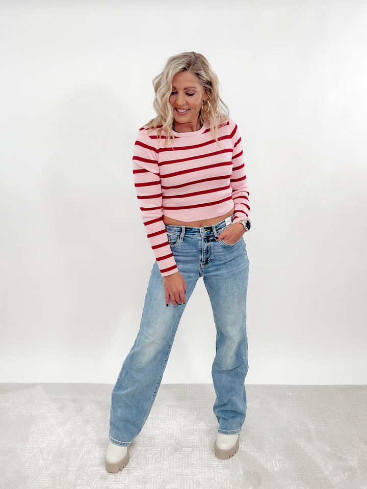 Peppermint Stripes Long Sleeve Top, Pink/Red