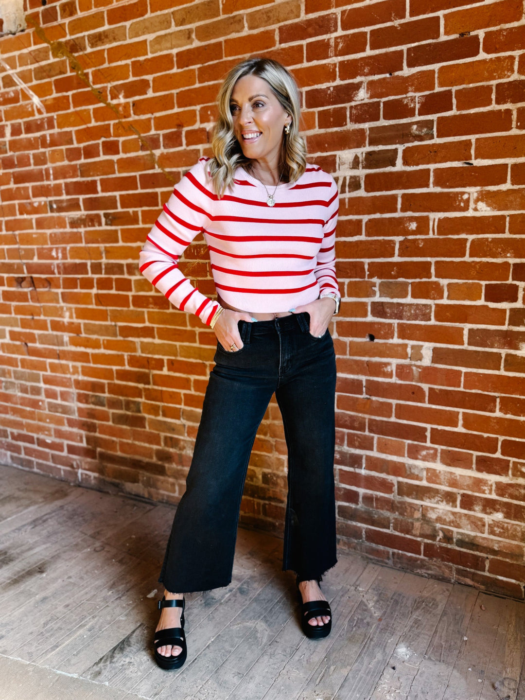Peppermint Stripes Long Sleeve Top, Pink/Red