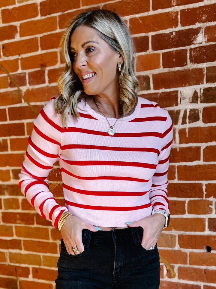 Peppermint Stripes Long Sleeve Top, Pink/Red