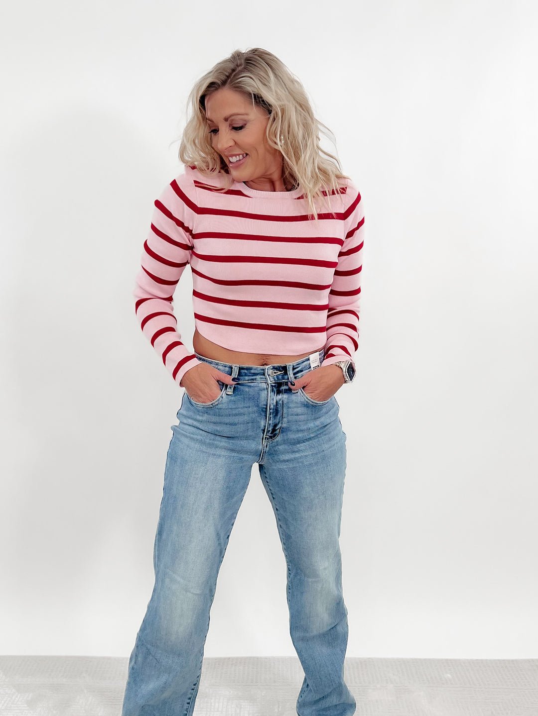Peppermint Stripes Long Sleeve Top, Pink/Red