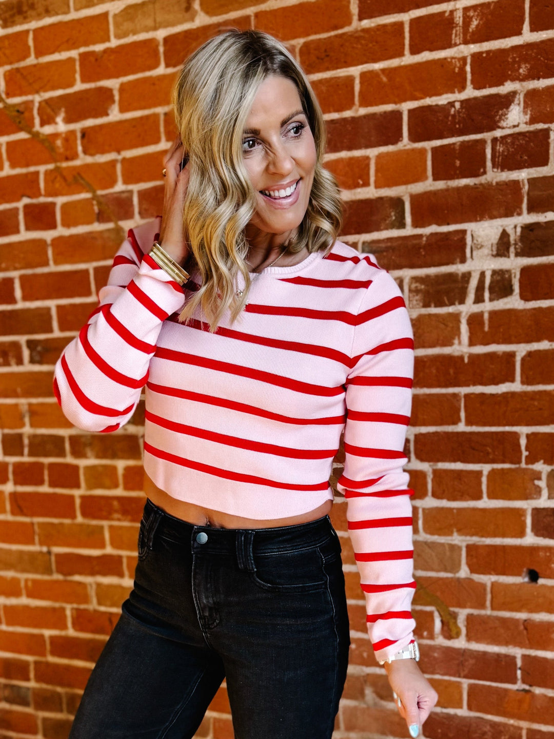 Peppermint Stripes Long Sleeve Top, Pink/Red